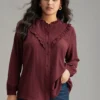 Stand Collar Solid Gathered Frill Trim Blouse
