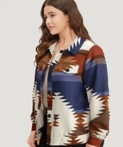 Bandana Geometric Contrast Shirt Collar Shacket -Clothing Shop 61223360 zd