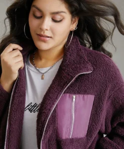 Contrast Zipper Pocket Teddy Jacket -Clothing Shop 612847904 em