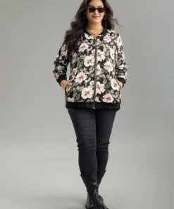 Floral Print Patchwork Zipper Jacket -Clothing Shop 613356374 jv