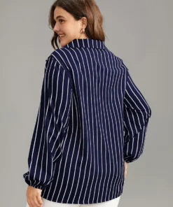Striped Shirt Collar Lantern Sleeve Blouse -Clothing Shop 613771669 ec