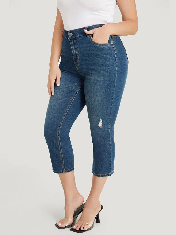 Very Stretchy High Rise Medium Wash Ripped Detail Cropped Jeans 6 Very Stretchy High Rise Medium Wash Ripped Detail Cropped Jeans - Image 4