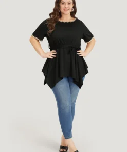 Crochet Lace Round Neck Ties Hanky Hem T-shirt -Clothing Shop 614789025 go