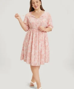 Floral Puff Sleeve Pocket Flutter Keyhole Knot Neck Dress -Clothing Shop 614935727 ij
