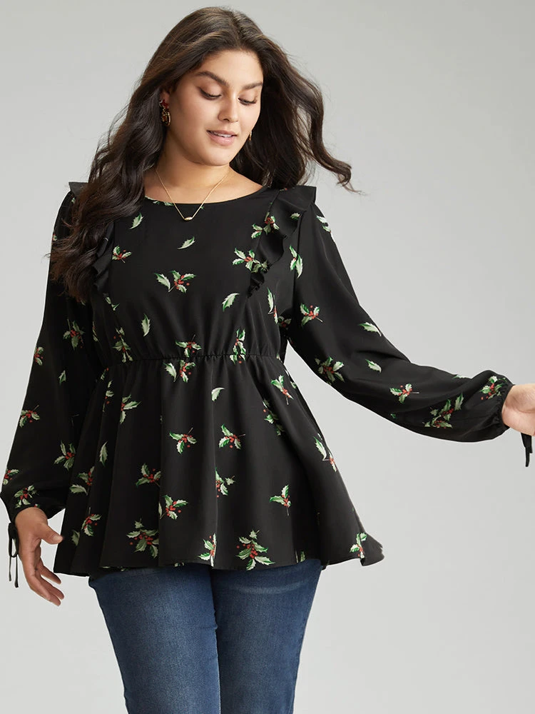 Christmas Ruffles Elastic Waist Ties Lantern Sleeve Blouse 3 Christmas Ruffles Elastic Waist Ties Lantern Sleeve Blouse