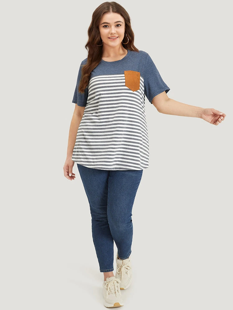 Striped Patchwork Round Neck Patched Pocket T-shirt 6 Striped Patchwork Round Neck Patched Pocket T-shirt - Image 4