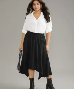 Solid Rayon Elastic Waist Pocket Hanky Hem Skirt -Clothing Shop 61664071 gr