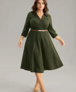 Waffle Knit Button Detail Lapel Collar Dress