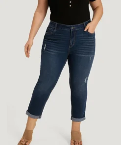 Solid Ripped Pocket Roll Hem Jeans