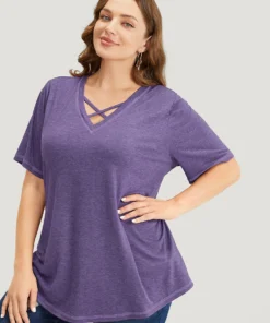 Solid Crisscross Neck Contrast Stitch T-shirt -Clothing Shop 61725328 yj