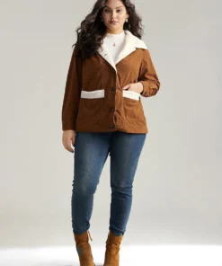 Corduroy Lapel Collar Fuzzy Patchwork Button Fly Coat -Clothing Shop 617472999 tc