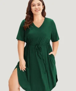 Supersoft Essentials Plain Pocket Curved Hem Drawstring V Neck Dress -Clothing Shop 617806237 bn