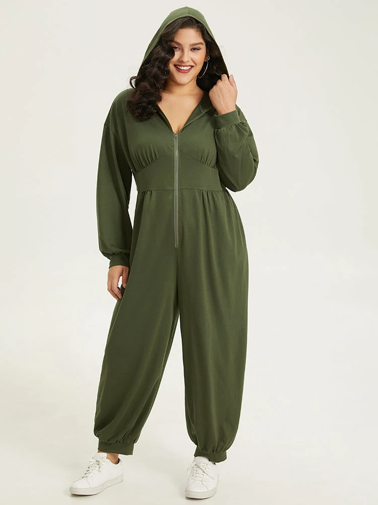 Solid Half Zip Hooded Gathered Jumpsuit 3 Solid Half Zip Hooded Gathered Jumpsuit