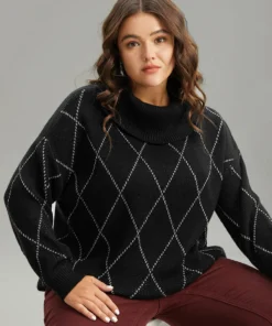 Plaid Luxe Contrast Turtleneck Pullover