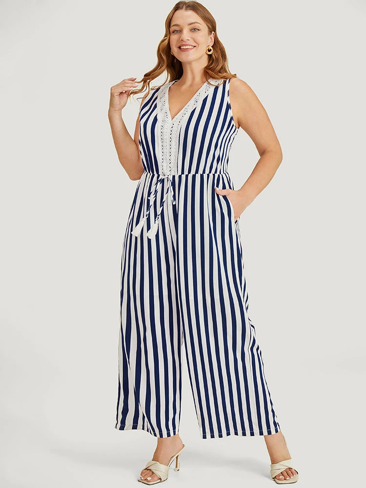 Striped Print Contrast Lace Pocket Knot Tassels Tank Jumpsuit 7 Striped Print Contrast Lace Pocket Knot Tassels Tank Jumpsuit - Image 5