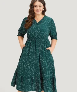 Polka Dot Shirred Pocket Flutter Hem Dress