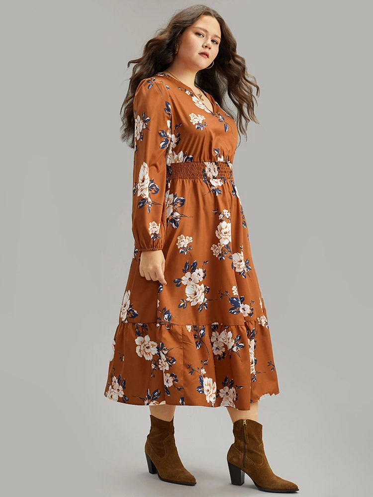 Floral Print Notched Shirred Elastic Cuffs Dress 6 Floral Print Notched Shirred Elastic Cuffs Dress - Image 4
