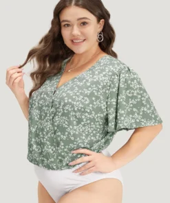 Ditsy Floral Overlap Collar Flutter Sleeve Bodysuit 12 Ditsy Floral Overlap Collar Flutter Sleeve Bodysuit -Clothing Shop 621063144 bl