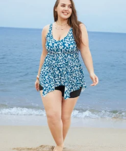 Plant Print Asymmetrical Hem Adjustable Straps Tankini Top -Clothing Shop 621390023 bo