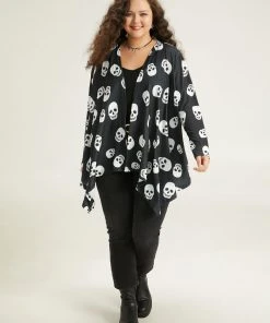 Halloween Skull Print Open Front Hanky Hem Kimono 13 Halloween Skull Print Open Front Hanky Hem Kimono -Clothing Shop 621509163 af