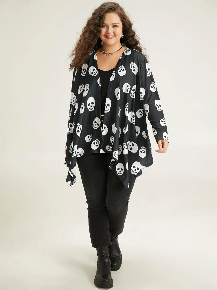 Halloween Skull Print Open Front Hanky Hem Kimono 6 Halloween Skull Print Open Front Hanky Hem Kimono - Image 4