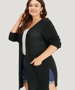 Solid Rib Knit Pocket Lightweight Tunic Cardigan -Clothing Shop 621551502 cx