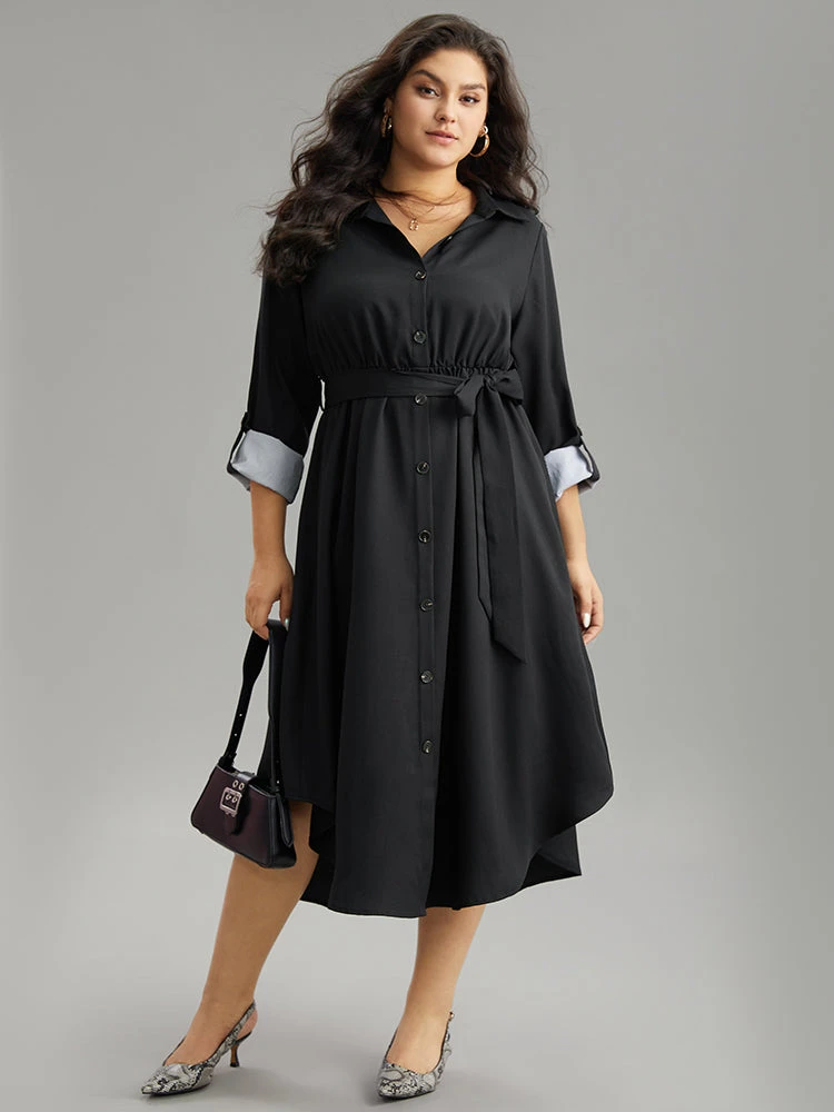 Patchwork Button Through Arc Hem Tab Sleeve Dress 4 Patchwork Button Through Arc Hem Tab Sleeve Dress - Image 2