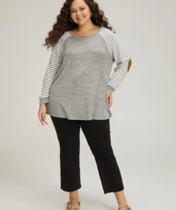 Striped Raglan Sleeve Patched Split Side T-shirt -Clothing Shop 623207645 ai 32e249d0 e9c8 4bec 8ca6 0342367ddad4