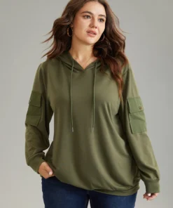 Solid Flap Pocket Hooded Drawstring Sweatshirt