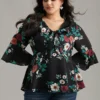 Floral Knot Twist Front Ruffle Sleeve Blouse -Clothing Shop 623992680 co