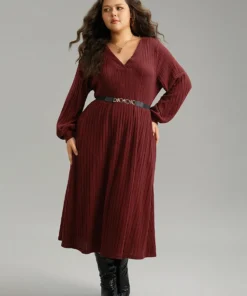 Solid Rib Knit Pocket Elastic Waist Dress