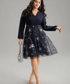 Star Glitter Mesh Patchwork Notched Dress 10 Star Glitter Mesh Patchwork Notched Dress -Clothing Shop 624125181 il