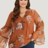 Floral Print Knot Neck Frill Trim Mesh Bell Sleeve Blouse -Clothing Shop 624168921 dc