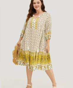 Bandana Tassels Lantern Sleeve Ruffle Pocket Keyhole Neck Dress -Clothing Shop 624415800 et