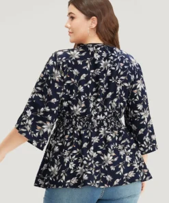 Floral Print Shirred Button Detail V Neck Petal Sleeve Blouse -Clothing Shop 624442282 cz