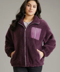 Contrast Zipper Pocket Teddy Jacket -Clothing Shop 624578904 bl