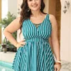 Striped Print Flutter Hem Crisscross Wrap Tankini Top