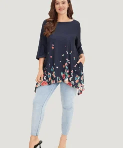 Floral Print Crew Neck Asymmetrical Hem T-shirt -Clothing Shop 624998894 vg