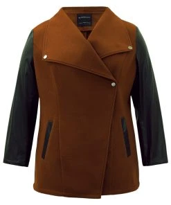 Contrast PU Leather Lapel Collar Pocket Button Up Coat -Clothing Shop 625806261 bt