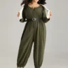 Plain Pocket Button Up Pleated Jumpsuit -Clothing Shop 62631477 ks