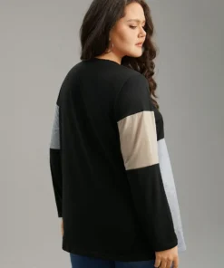 Colorblock Contrast Patchwork Round Neck T-shirt -Clothing Shop 626773382 wg