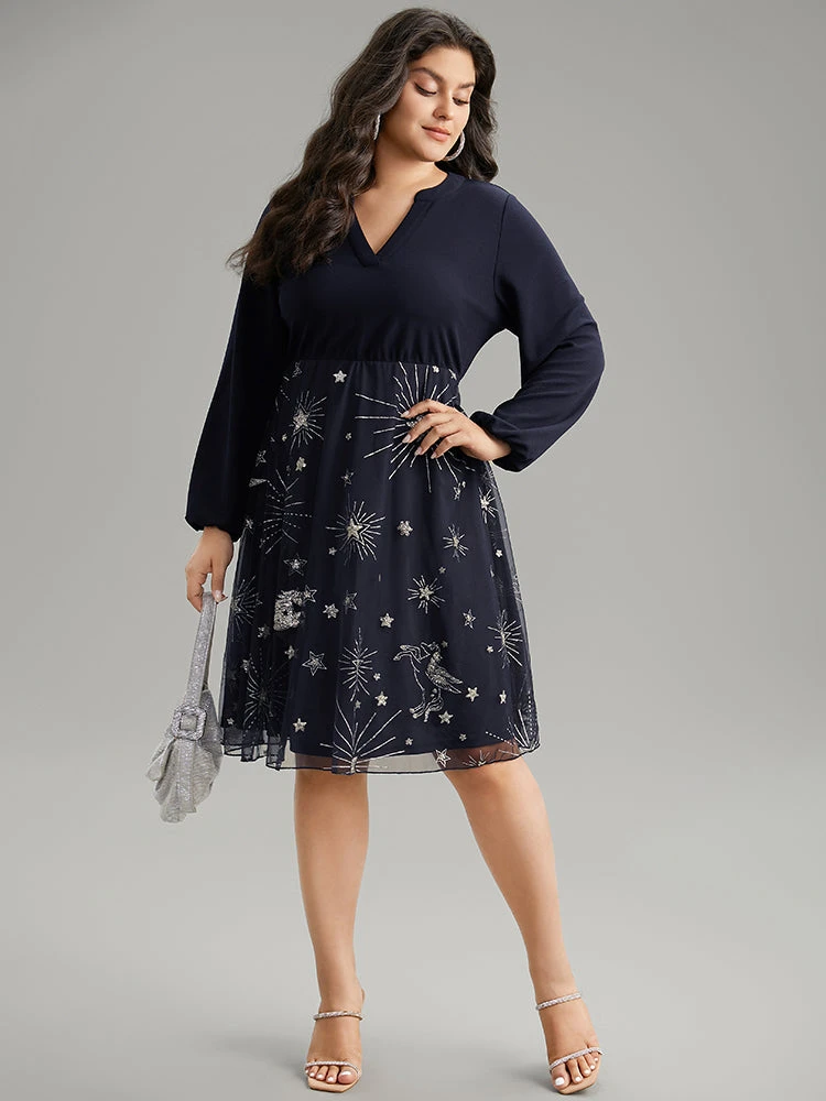 Star Glitter Mesh Patchwork Notched Dress 3 Star Glitter Mesh Patchwork Notched Dress