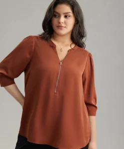Anti-Wrinkle Plain Half Zip Gathered Blouse -Clothing Shop 627715356 yl