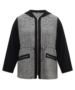 Houndstooth Patchwork Zipper Drawstring Coat -Clothing Shop 628036704 jl