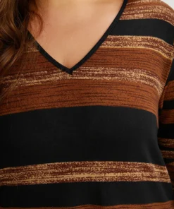 Striped Contrast V Neck T-shirt -Clothing Shop 628492646 co