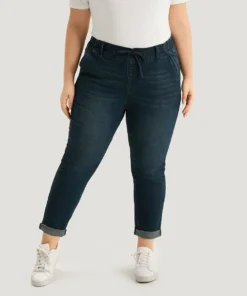 Plain Drawstring Front Roll Hem Jeans -Clothing Shop 628923649 qm