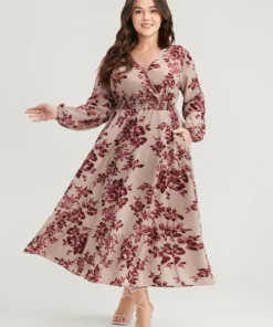 Floral Wrap Lantern Sleeve Pocket Shirred Ruffle Hem Dress