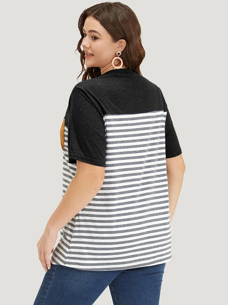 Striped Patchwork Round Neck Patched Pocket T-shirt 17 Striped Patchwork Round Neck Patched Pocket T-shirt - Image 15