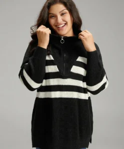 Striped Zipper Lapel Collar Drop Shoulder Pullover -Clothing Shop 629858624 ea