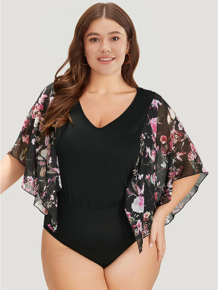 Floral Print Patchwork Mesh Asymmetrical Sleeve Bodysuit 4 Floral Print Patchwork Mesh Asymmetrical Sleeve Bodysuit - Image 2